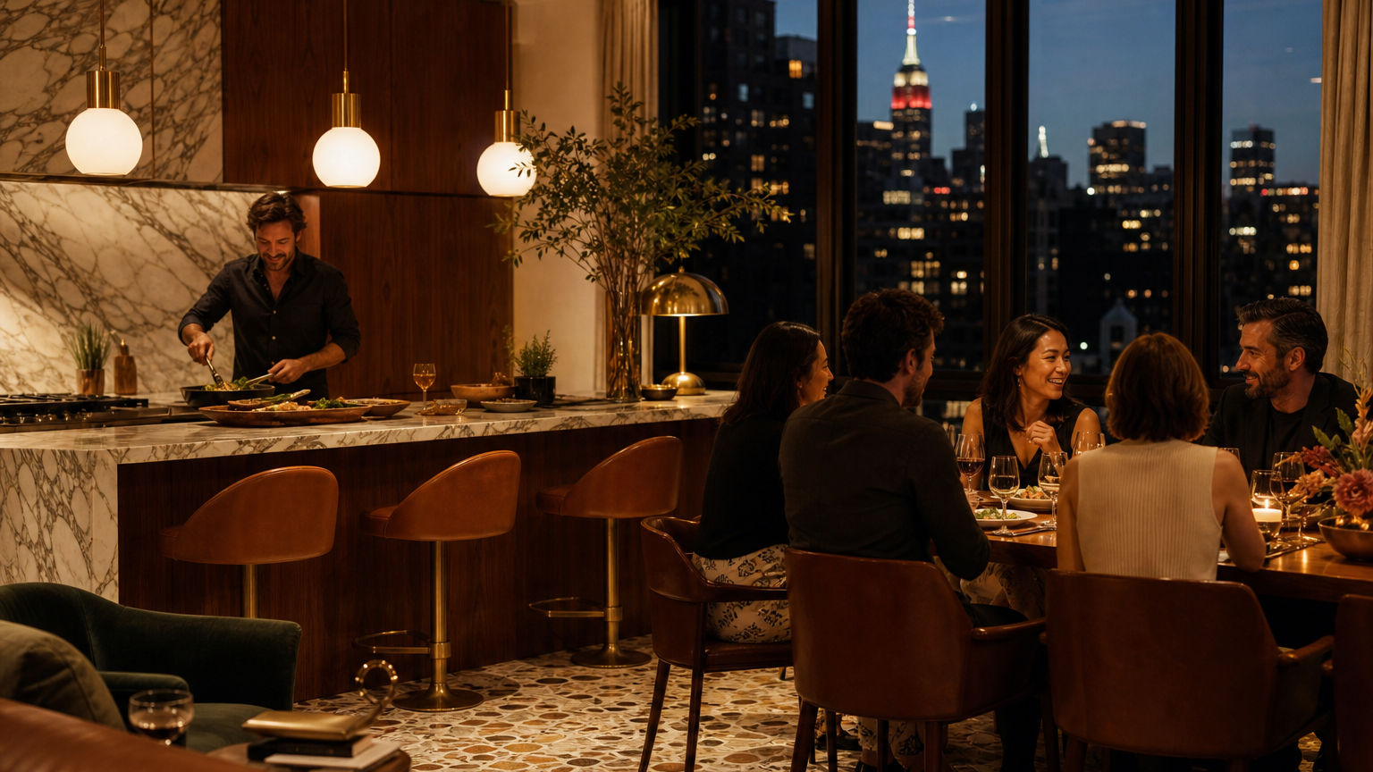Warm Manhattan kitchen with walnut cabinetry, veined stone island and intimate dinner-party atmosphere.
