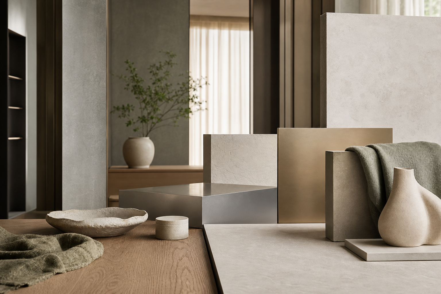 Fadior Material mood study: pale stone blocks, warm oak grain, sage textile,