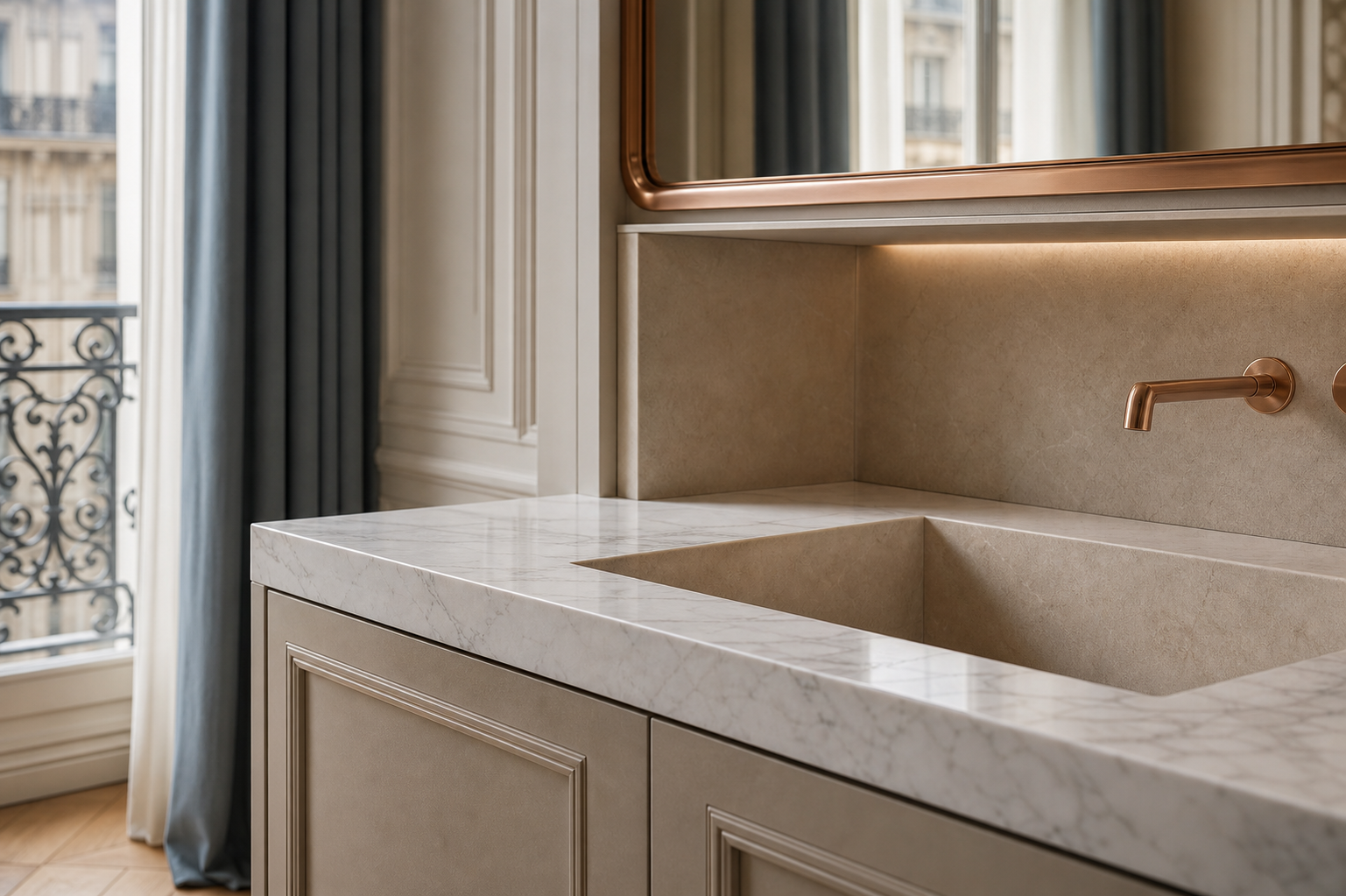 Fadior Alcove Bath and Vanity Suite with Honed Stone Wash Niche — close-up of stainless steel finish and hardware detail