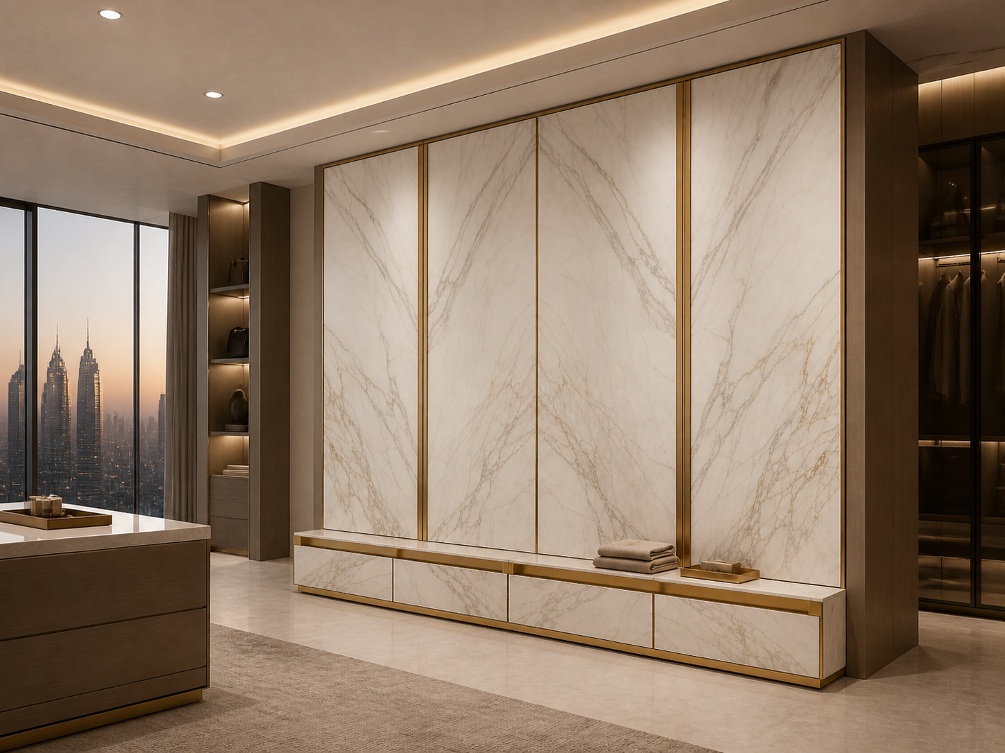 Fadior Elementum Wardrobe Suite with Calacatta Valet Plinth — interior room context showing cabinet integration