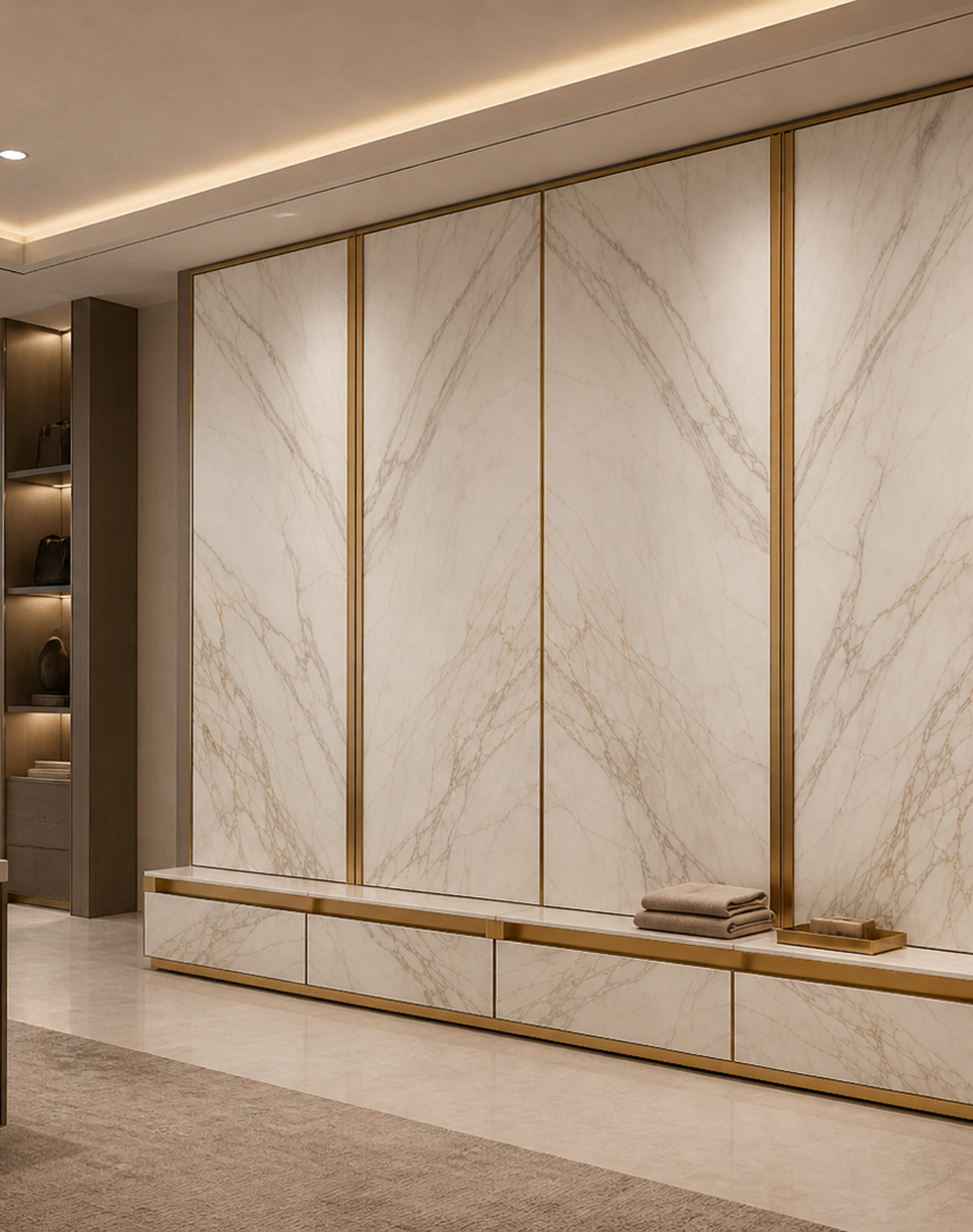 Fadior Elementum Wardrobe Suite with Calacatta Valet Plinth — interior room context showing cabinet integration