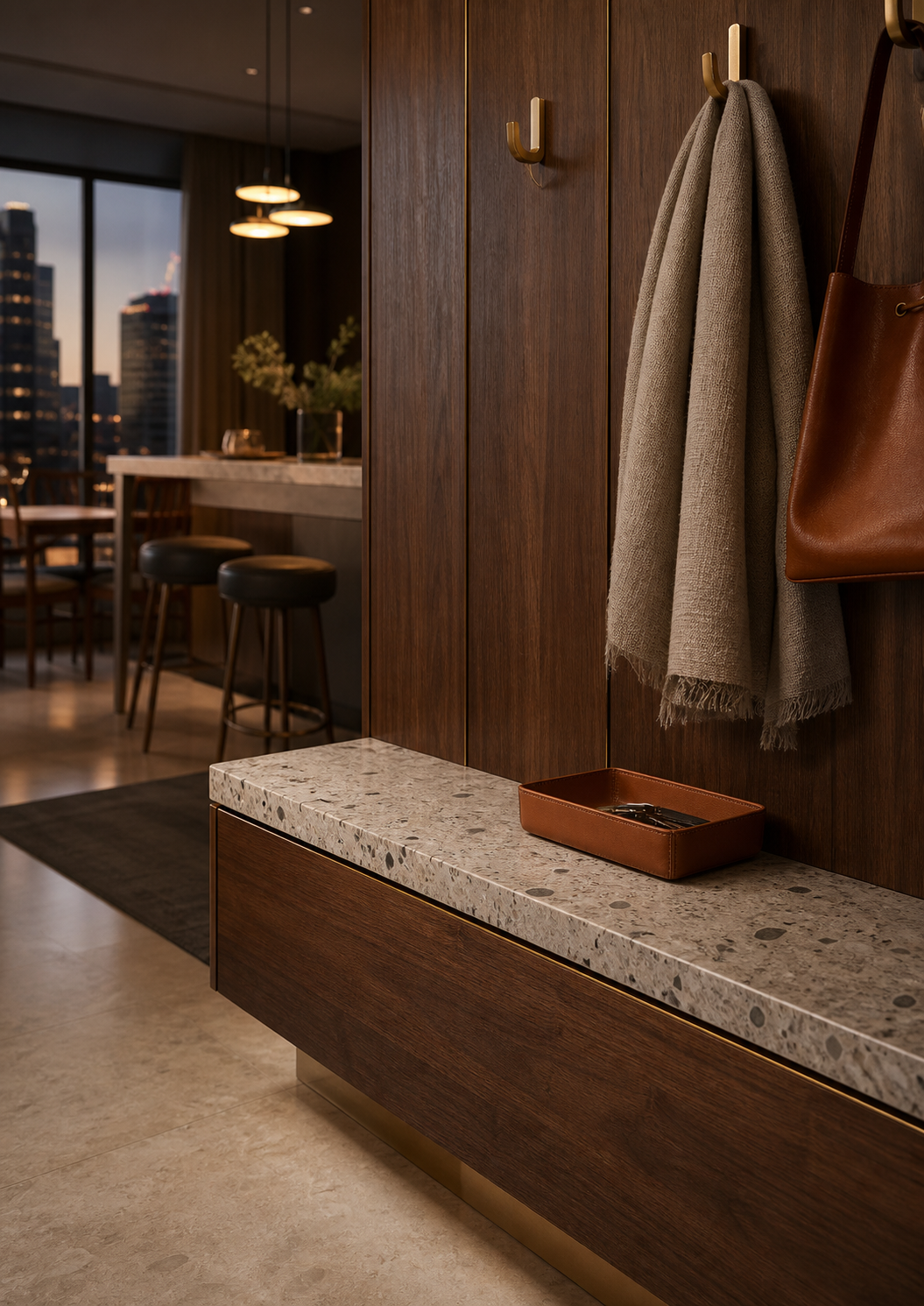 Fadior Ecliptic Entryway Suite with Limestone Threshold Valet Cabinet — close-up of stainless steel finish and hardware