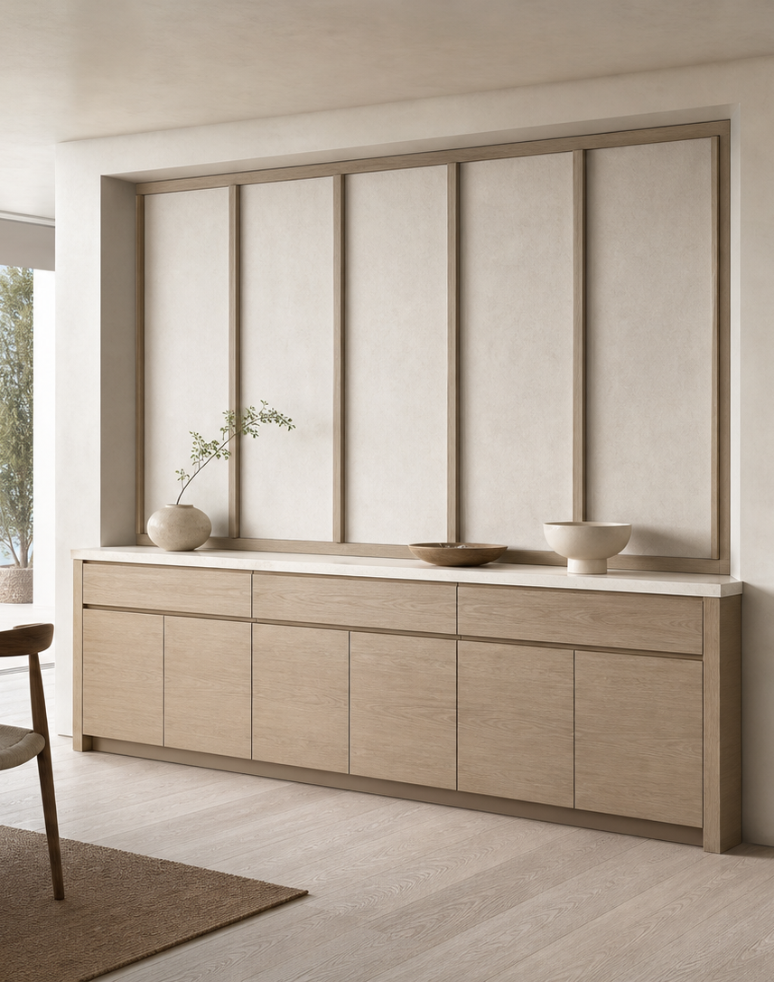 Fadior Gloria Wine Cabinet with Chalk Plaster Bottle Salon — interior room context showing cabinet integration