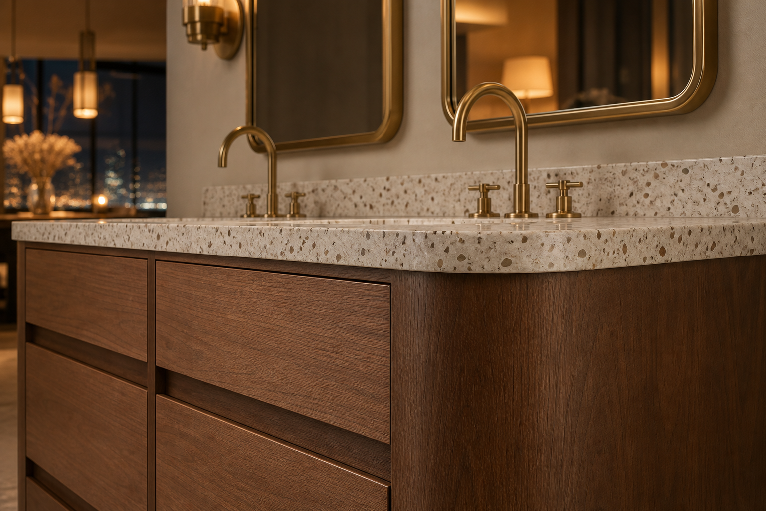 Fadior Voyage Bath Vanity Suite with Bronze Cove Double Vanity — close-up of stainless steel finish and hardware detail