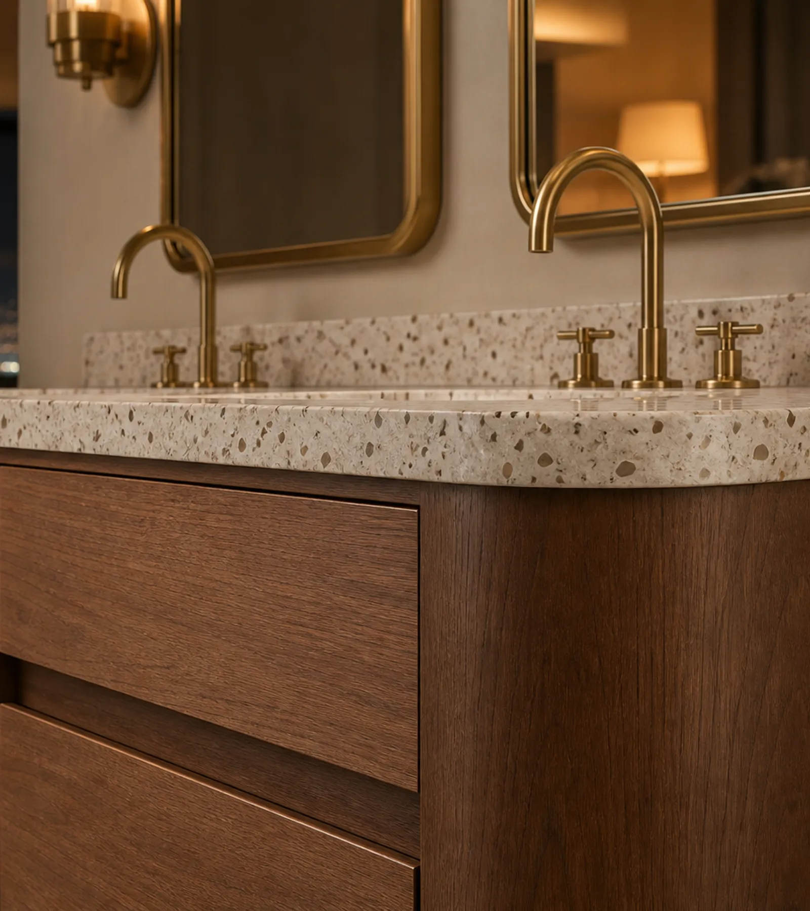 Fadior Voyage Bath Vanity Suite with Bronze Cove Double Vanity — close-up of stainless steel finish and hardware detail