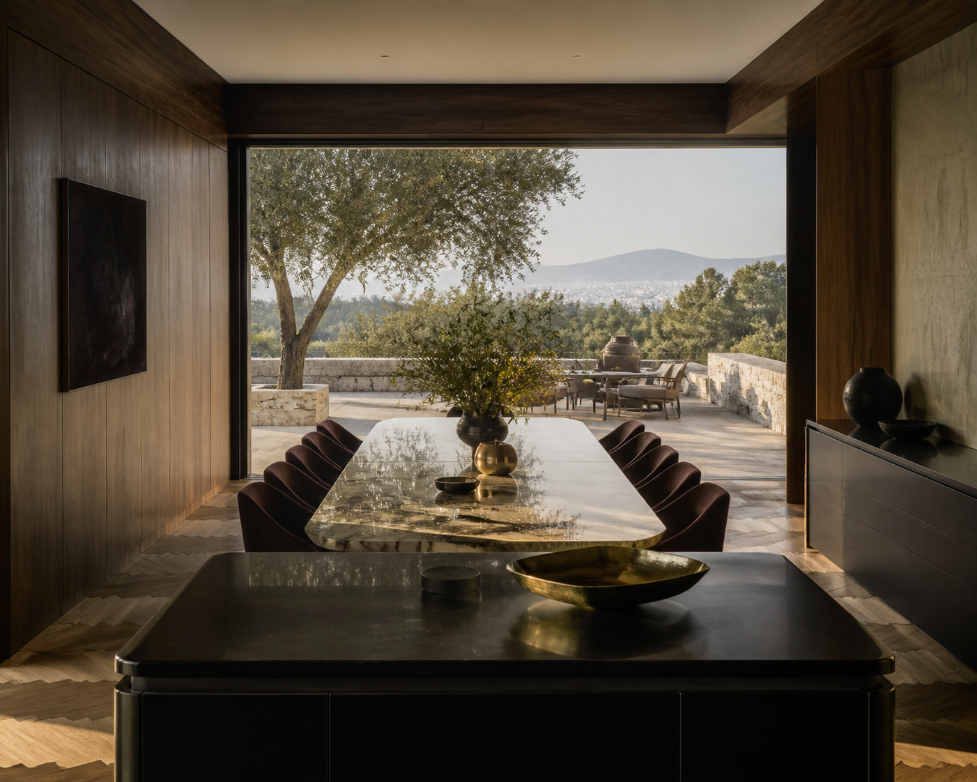 Fadior Athens 450 sqm Kitchen Villa — Fadior Athens terrace dining with kitchen counter, marble table, olive tree,