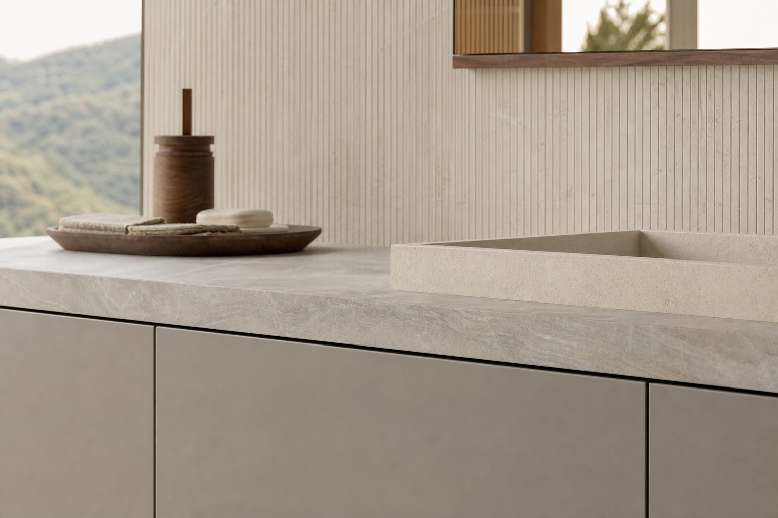 Fadior Nacre Bath and Vanity Suite with Opal Rainline Grooming Terrace — close-up of stainless steel finish and hardware
