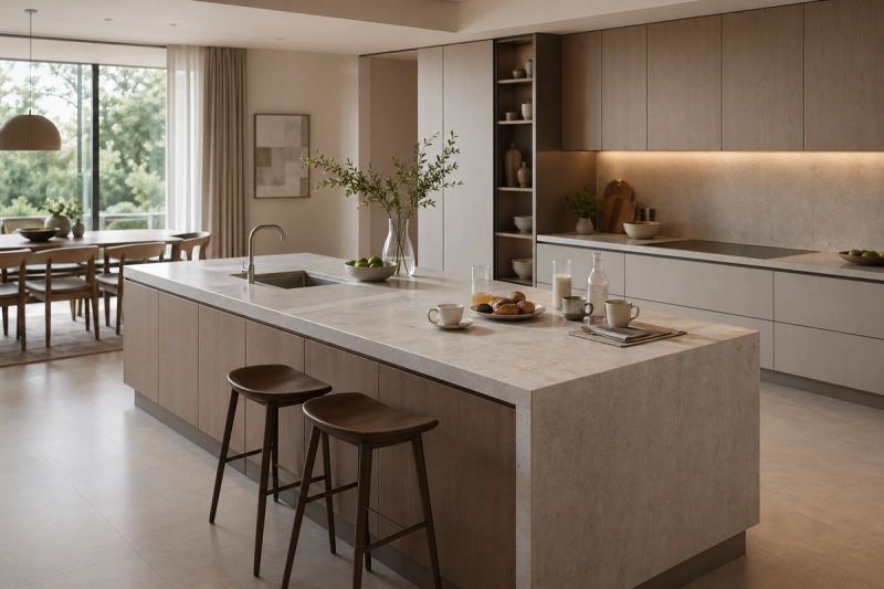 Kitchen context image: a calm breakfast-ready luxury interior with pale mineral counters, soft lighting, and integrated storage.