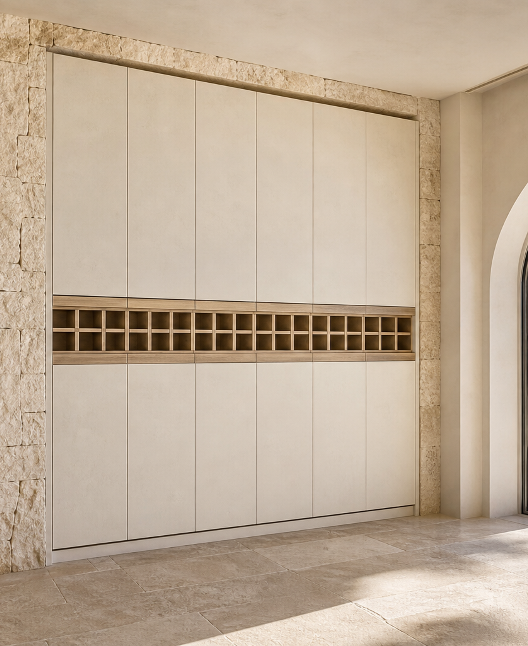 Fadior Grotto Wine Cabinet Suite with Luminous Cellar Service Bar — 304 stainless steel wine cabinet system, front view