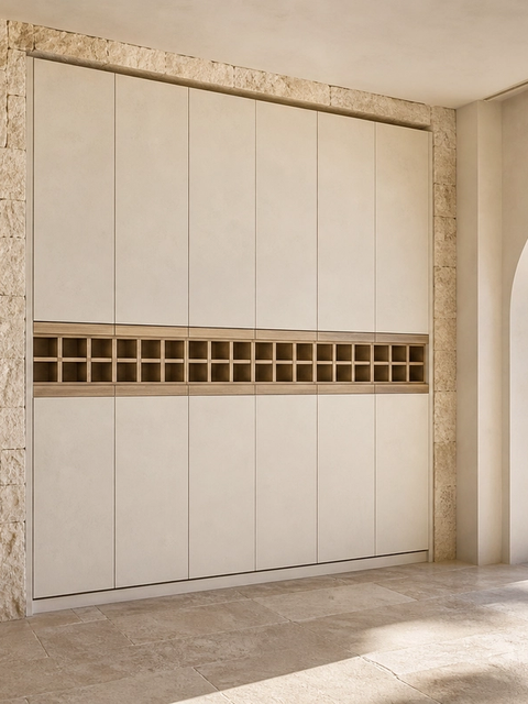 Fadior Grotto Wine Cabinet Suite with Luminous Cellar Service Bar — 304 stainless steel wine cabinet system, front view