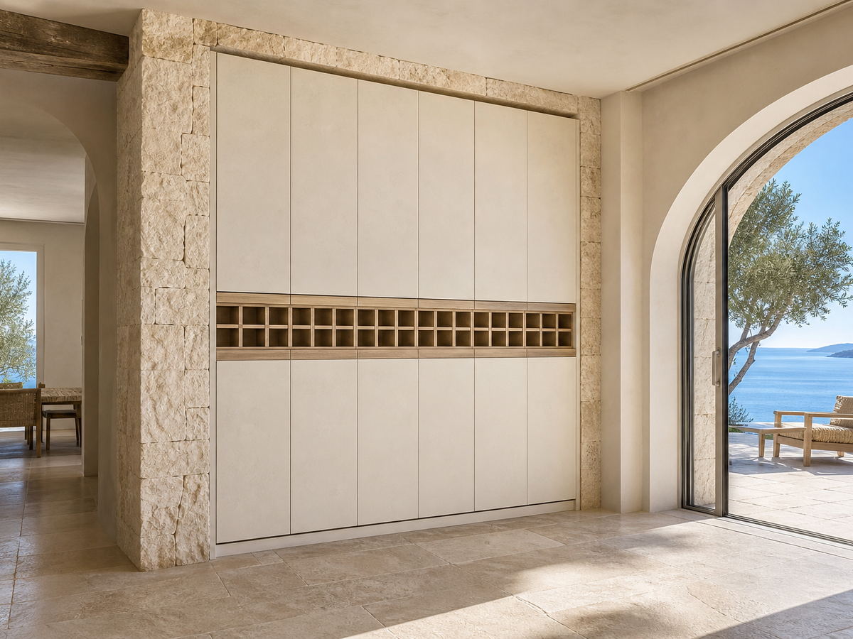 Fadior Grotto Wine Cabinet Suite with Luminous Cellar Service Bar — 304 stainless steel wine cabinet system, front view