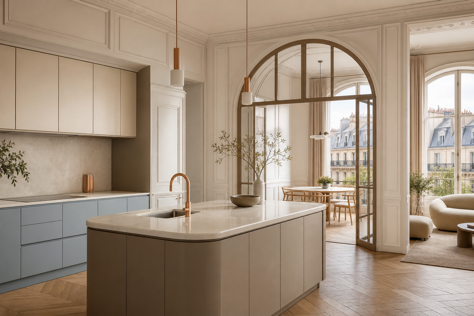 Open kitchen and dining room showing a calm powder coated finish palette in a Paris apartment.
