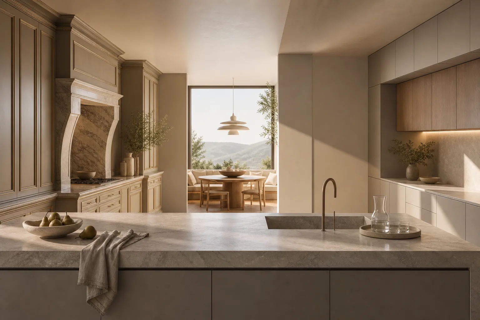 Kitchen decision comparison with warm grey cabinetry and pale stone showing restraint versus display.