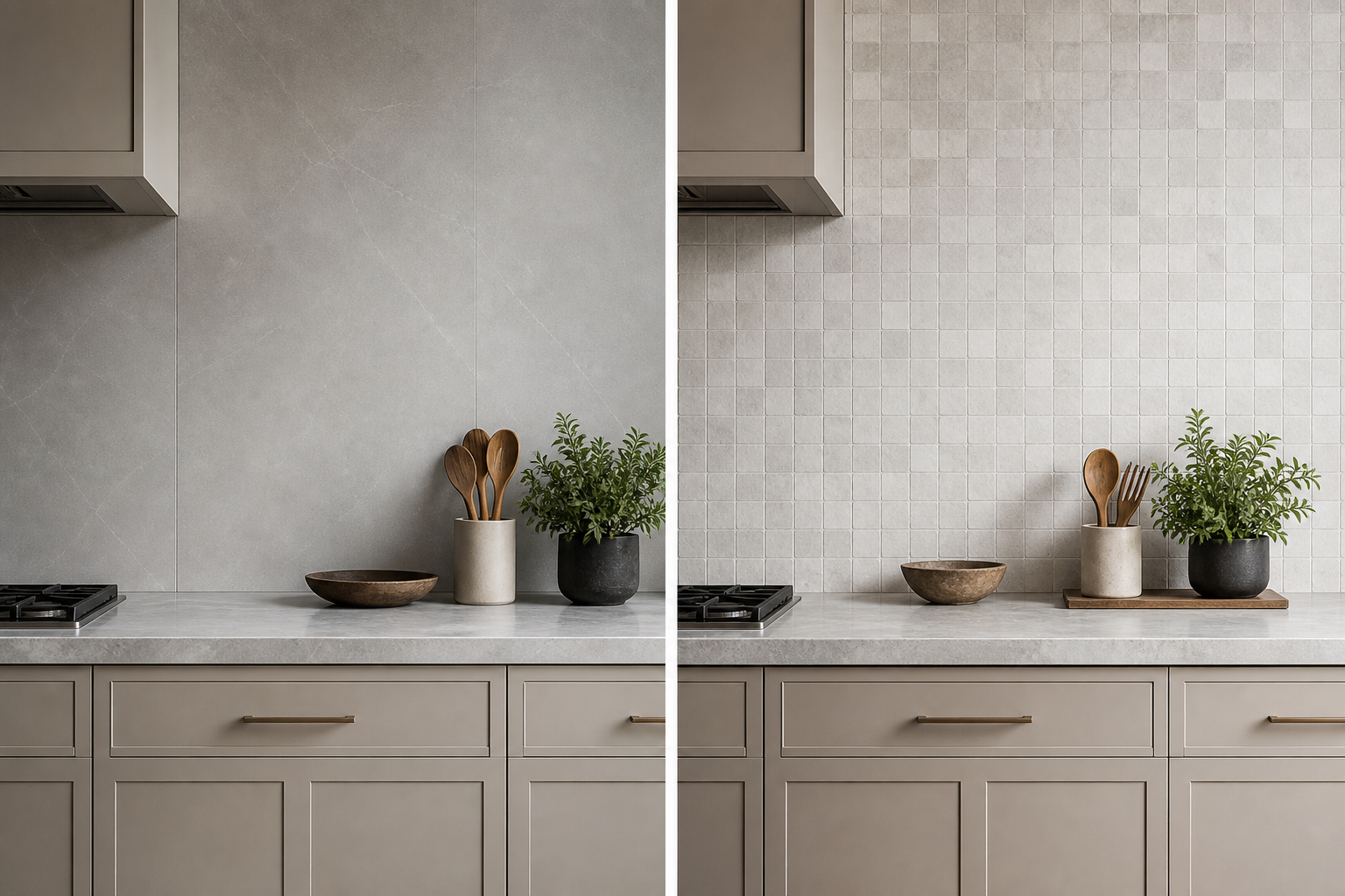 Two kitchen wall vignettes contrast a seamless silver-gray panel with a pale tiled wall.