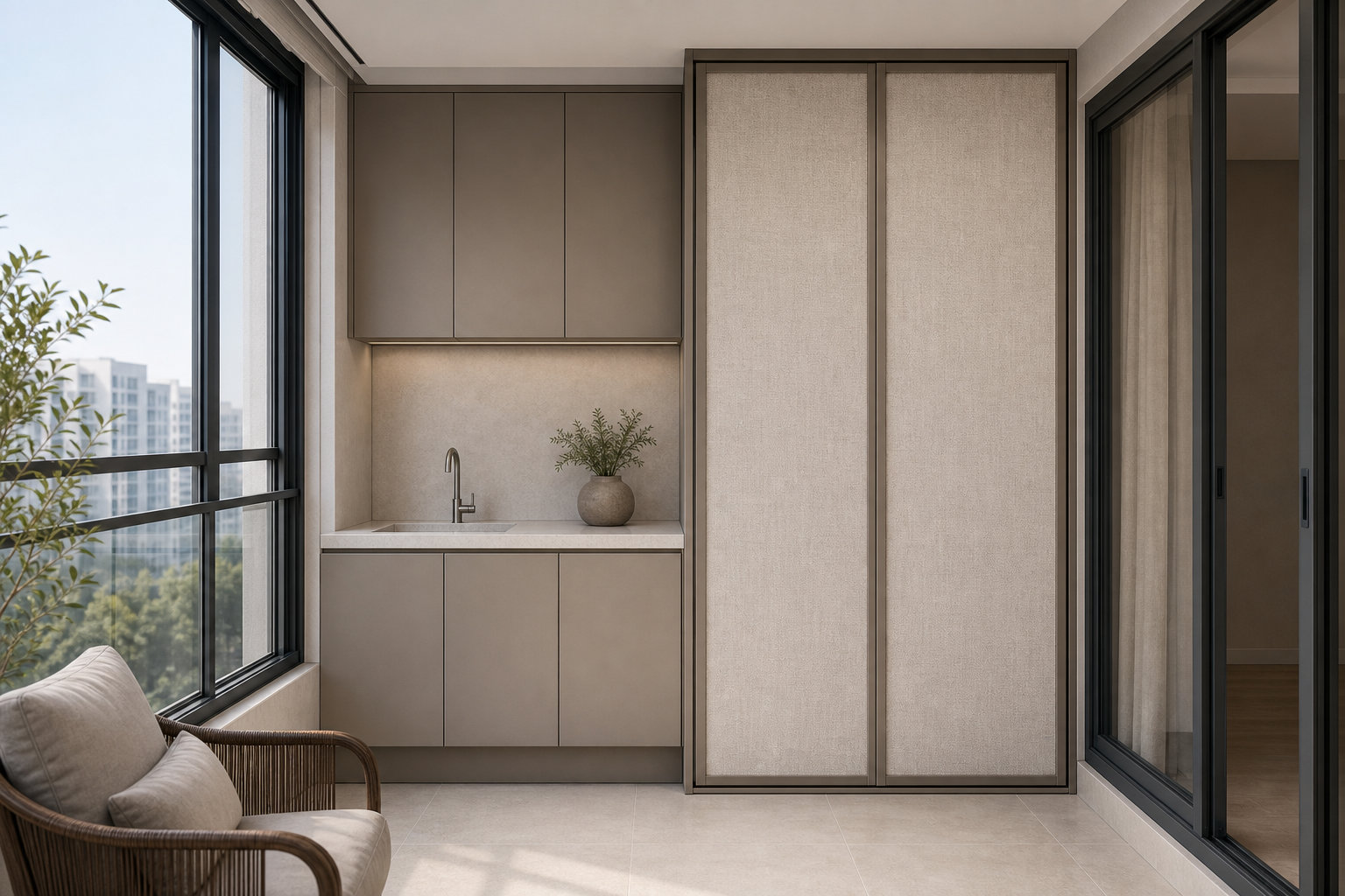 Fadior Cannes Balcony Suite with Linen Service Screen — interior room context showing cabinet integration