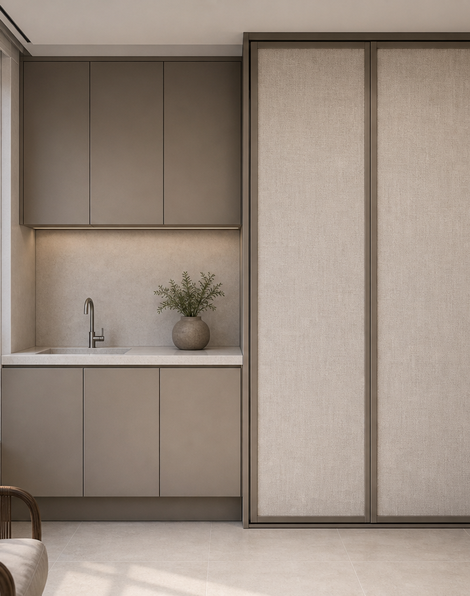 Fadior Cannes Balcony Suite with Linen Service Screen — interior room context showing cabinet integration