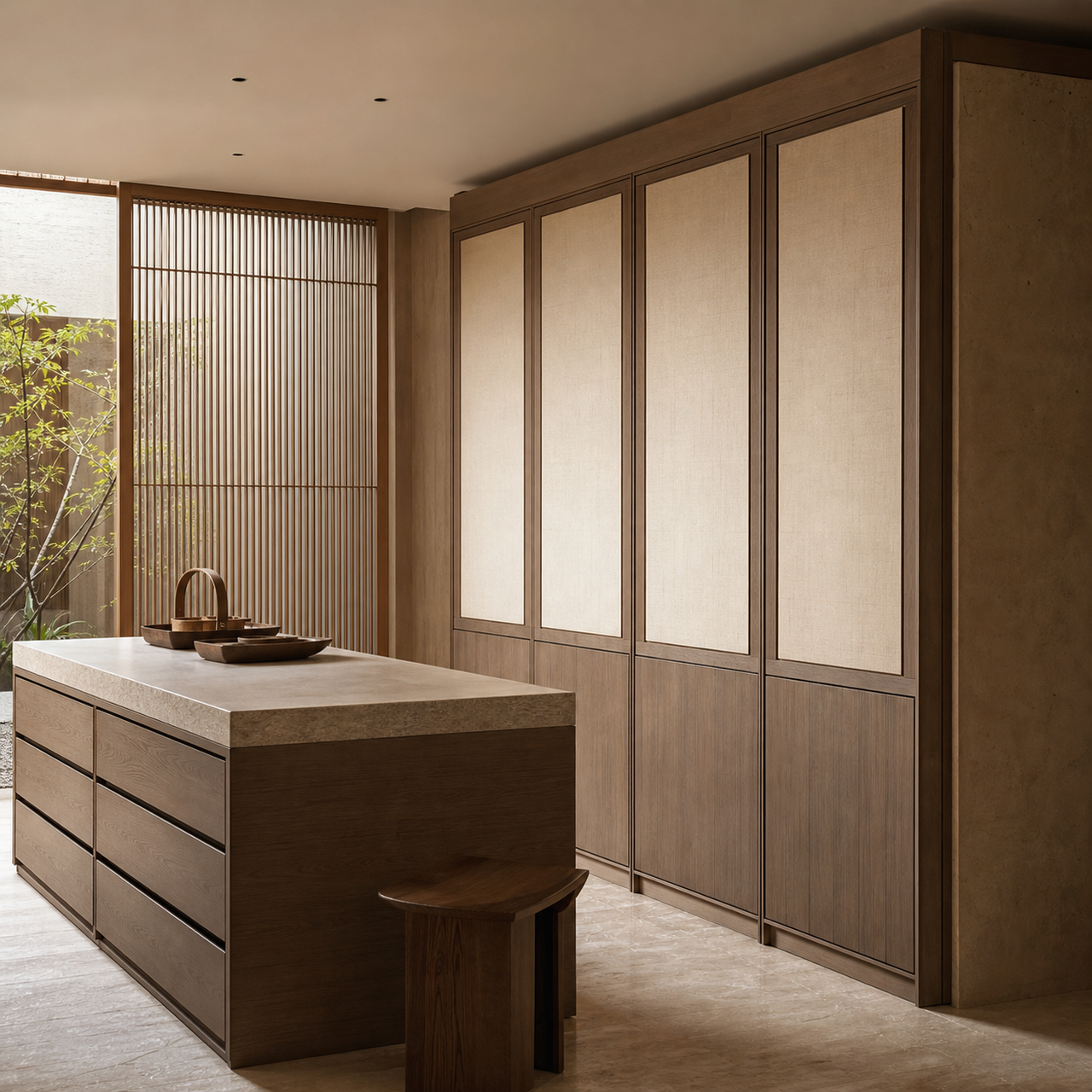 Fadior Resonance Wardrobe Suite with Brass Lever Valet Niche — 304 stainless steel wardrobe system, front view