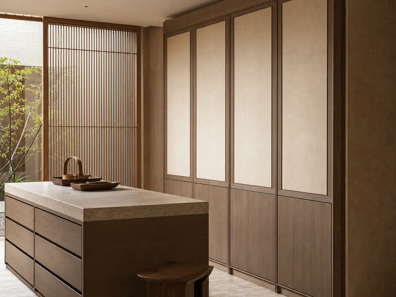 Fadior Resonance Wardrobe Suite with Brass Lever Valet Niche — 304 stainless steel wardrobe system, front view