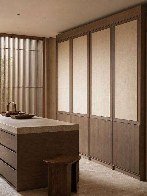 Fadior Resonance Wardrobe Suite with Brass Lever Valet Niche — 304 stainless steel wardrobe system, front view