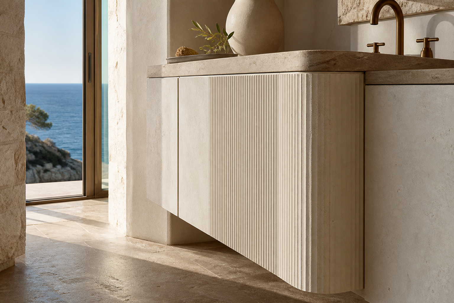 Fadior Alcove Bath and Vanity Suite with Fluted Rainlight Basin Bay — close-up of stainless steel finish and hardware detail