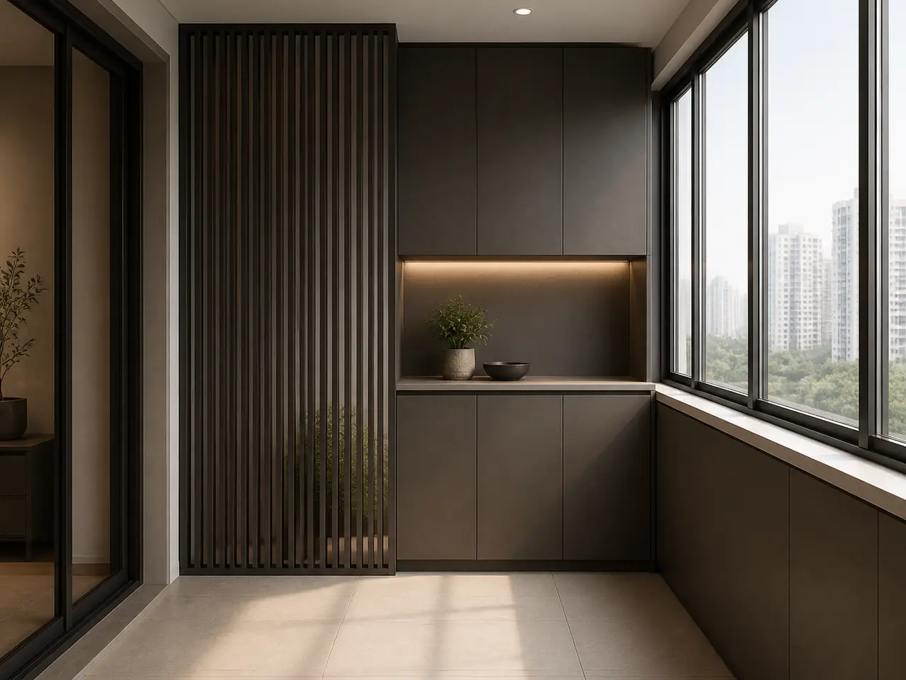 Fadior Dusk Balcony Suite with Slate Utility Screen - 304 stainless steel balcony cabinetry for humidity, laundry overflow, utility storage, and semi-outdoor residential use
