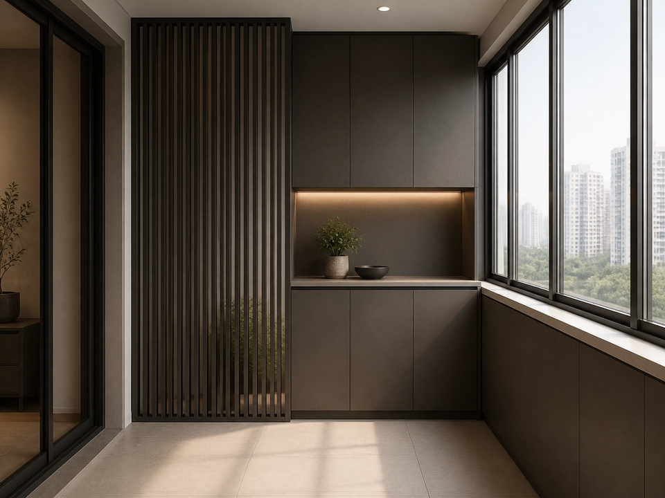 Fadior Dusk Balcony Suite with Slate Utility Screen — 304 stainless steel balcony system, front view