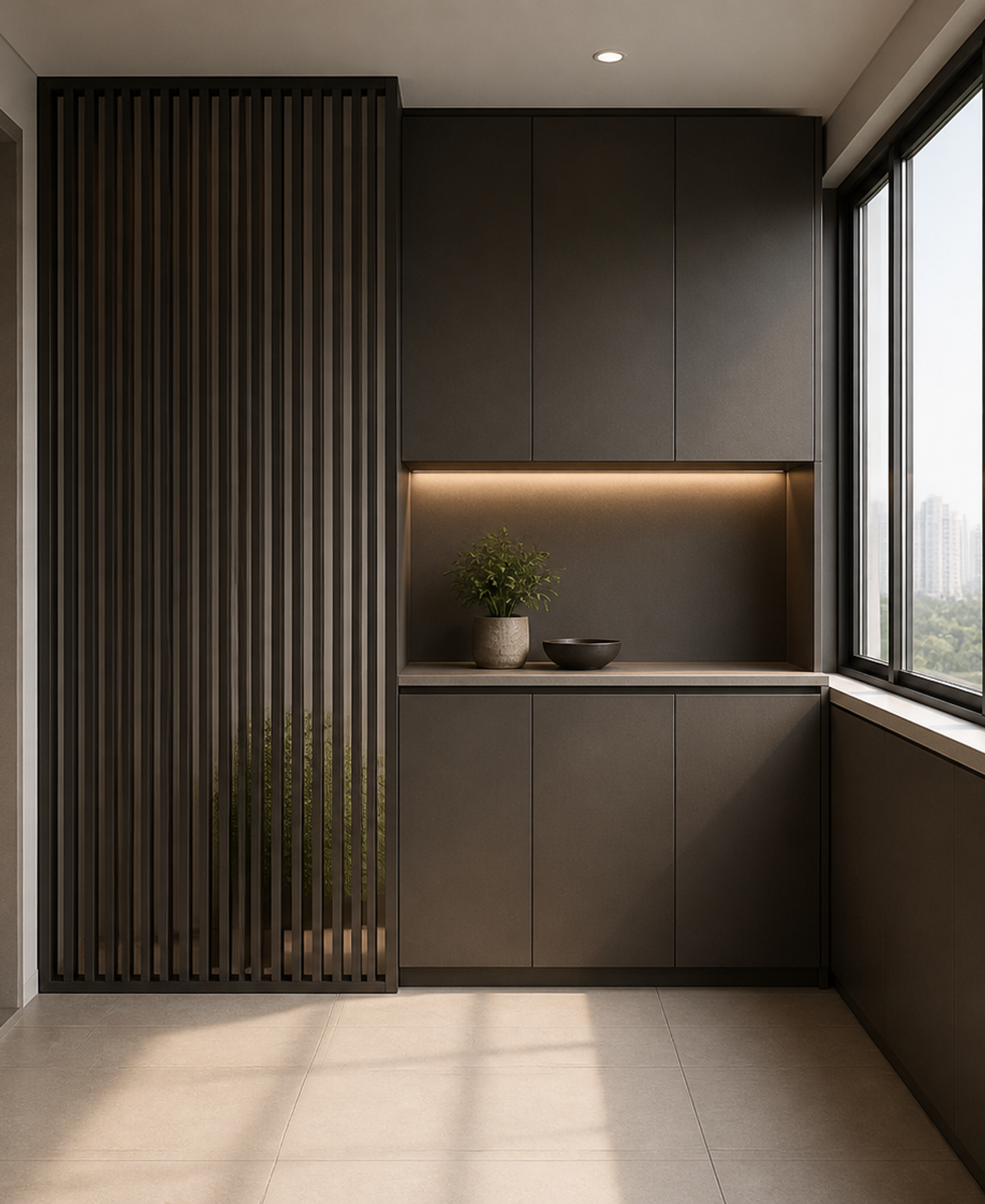 Fadior Dusk Balcony Suite with Slate Utility Screen — 304 stainless steel balcony system, front view