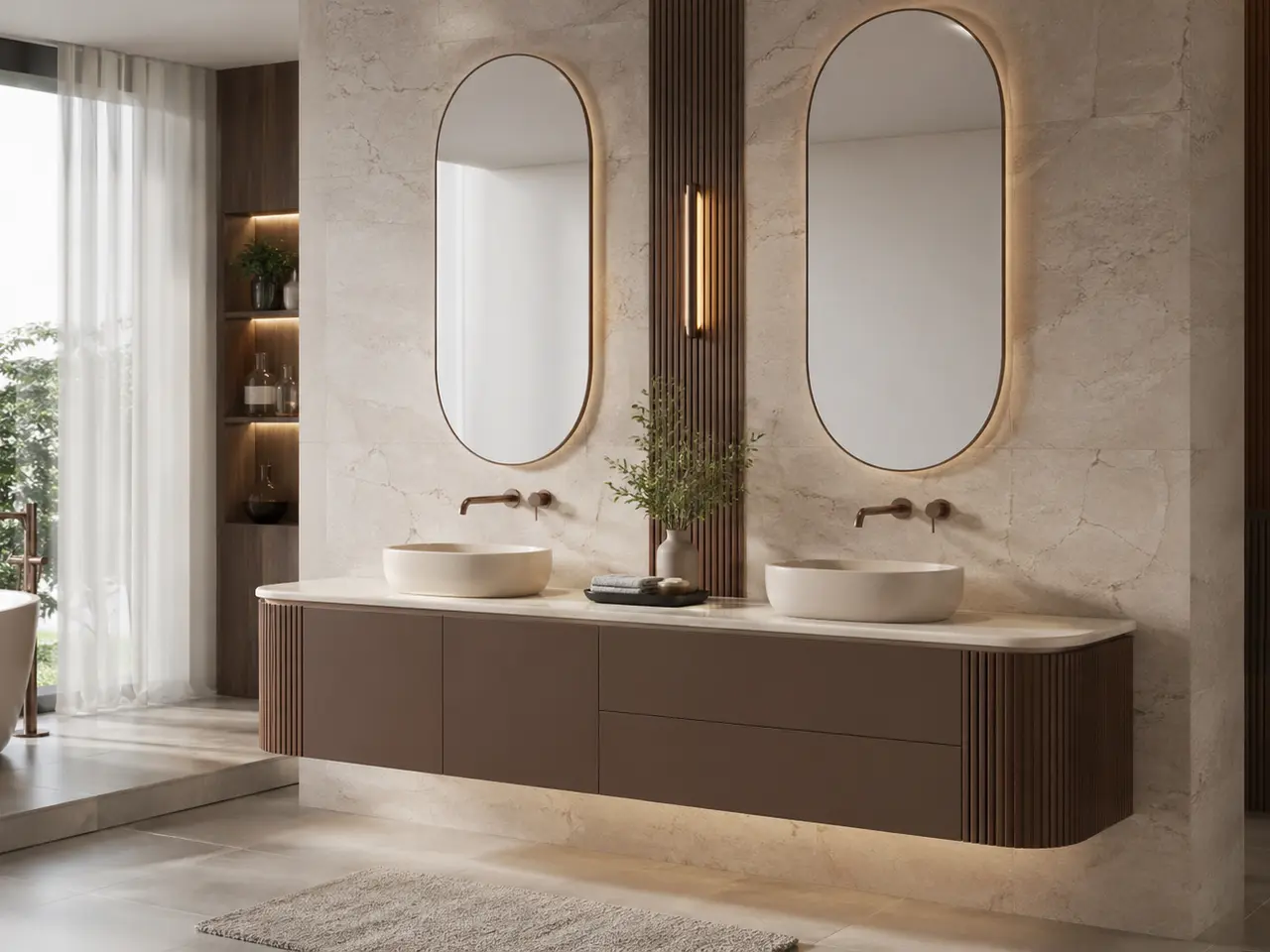 Fadior Solstice Bath and Vanity Suite with Floating Arc Basin Wall - waterproof 304 stainless steel bath vanity with mirror storage, moisture-resistant finishes, and grooming storage