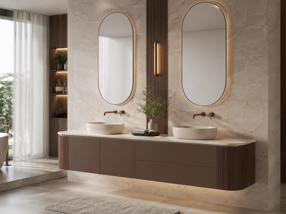 Fadior Solstice Bath and Vanity Suite with Floating Arc Basin Wall — 304 stainless steel bath and vanity system, front view