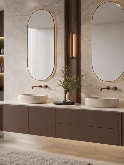 Suite de Baño y Tocador Solstice con Pared de Lavabo Flotante en Arco