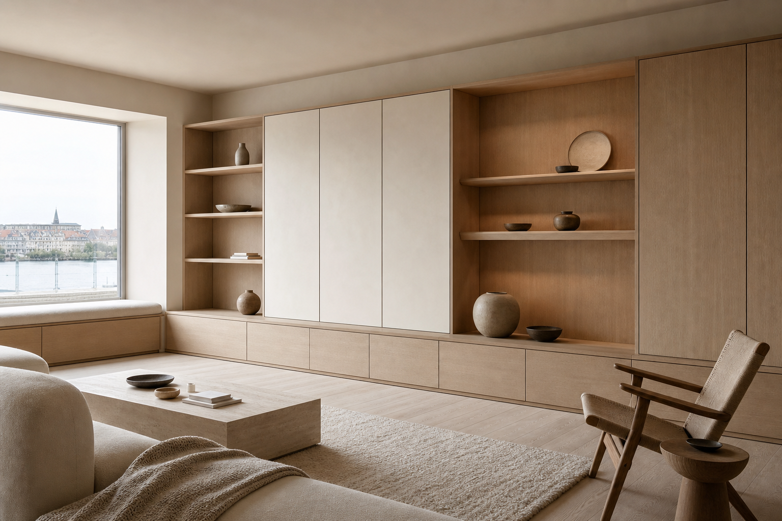 Fadior Silvan Living Room Suite with Window Seat Display Plinth — interior room context showing cabinet integration
