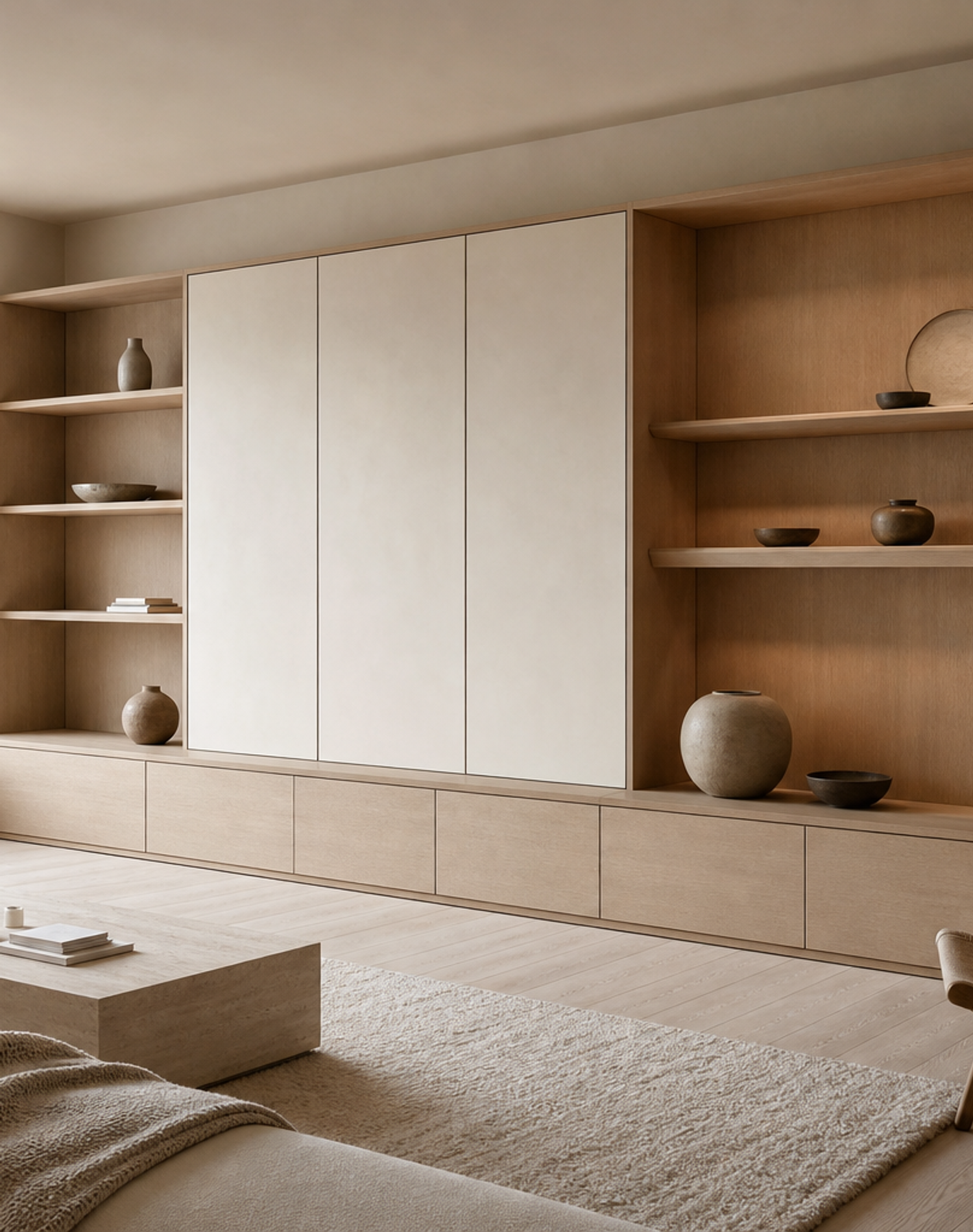 Fadior Silvan Living Room Suite with Window Seat Display Plinth — interior room context showing cabinet integration