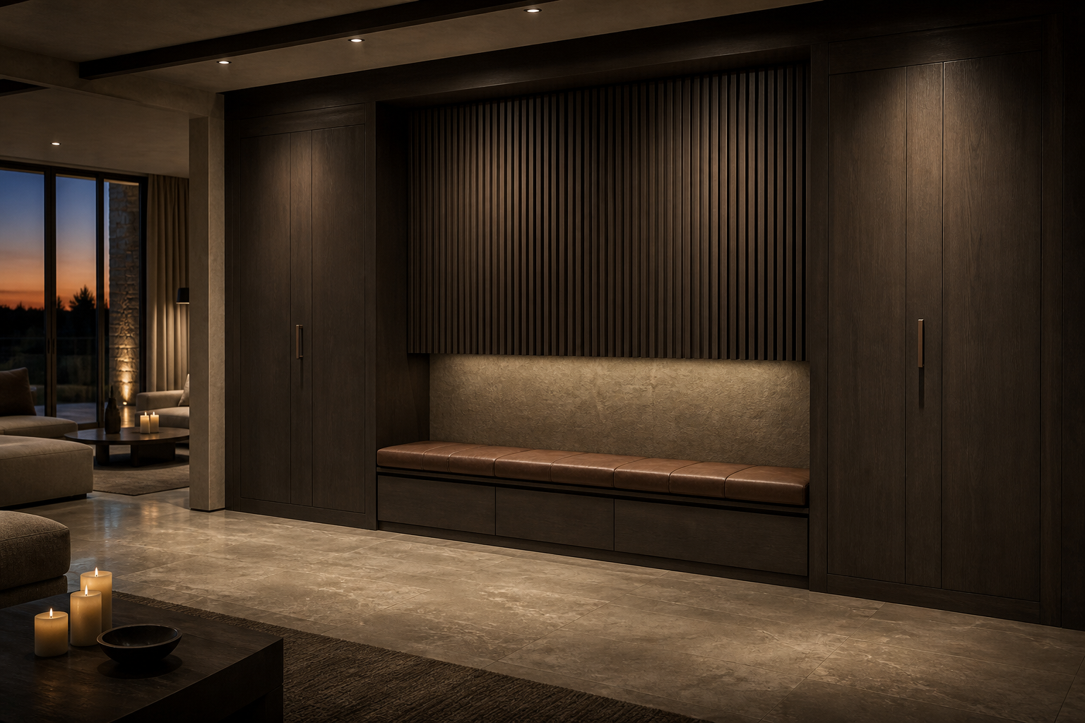 Fadior Zenith Living Room Suite with Layered Timber Media Veil — interior room context showing cabinet integration