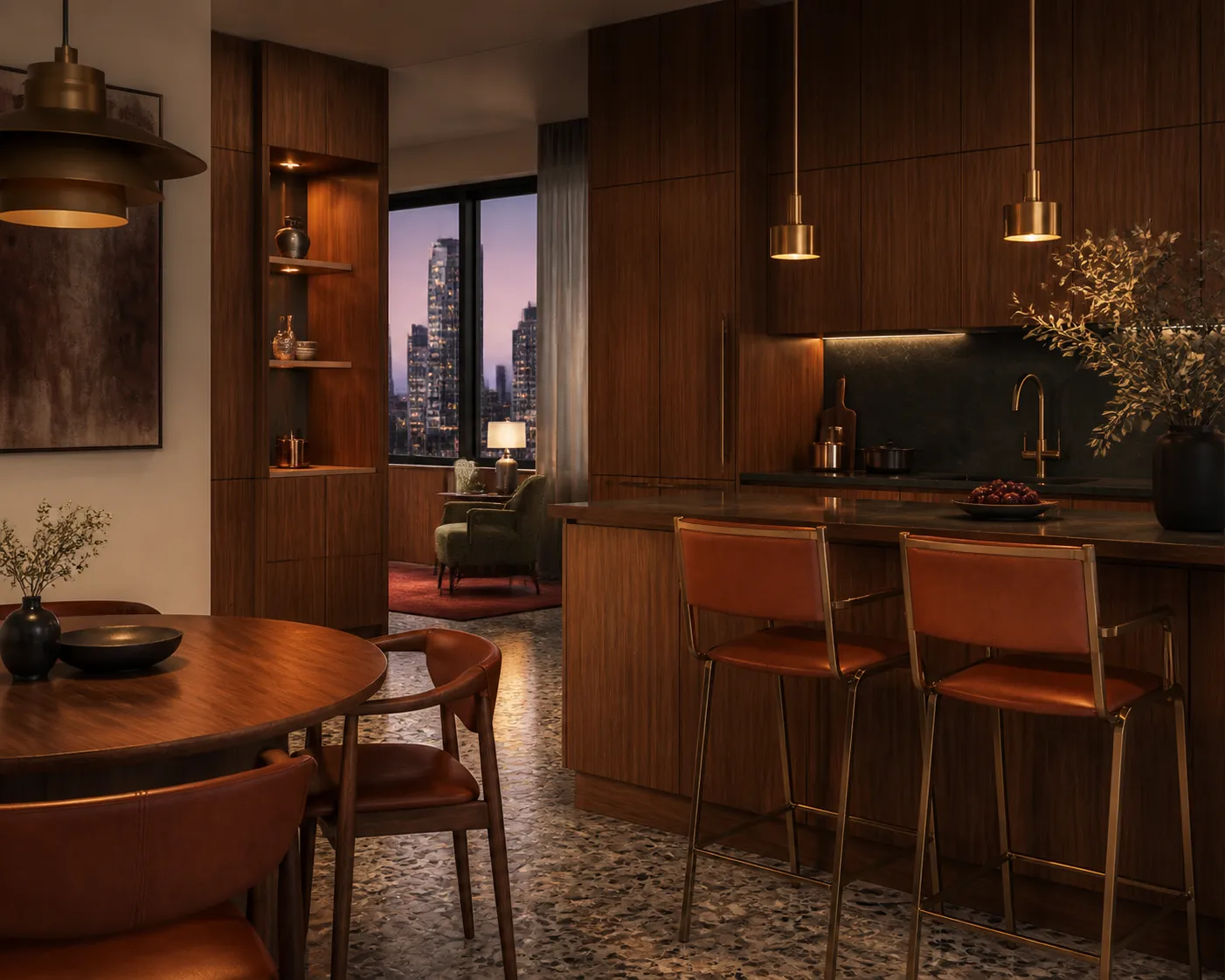 Two coordinated apartment kitchen zones show a clear cabinet layout and a separate dining-led planning zone without visual
