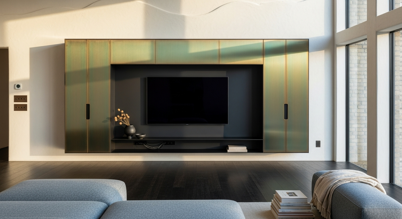 Fadior Essence Media Console — lifestyle setting with natural light and residential styling