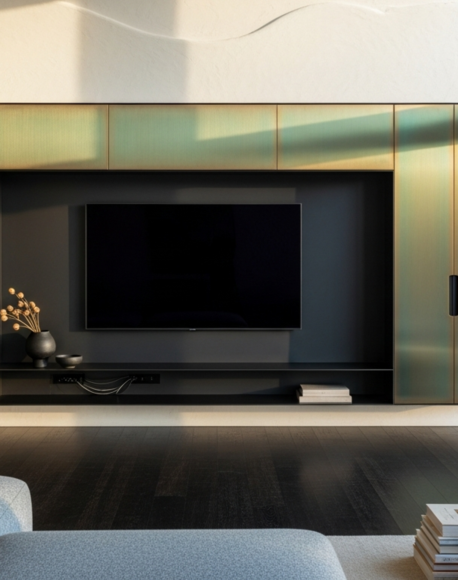 Fadior Essence Media Console — lifestyle setting with natural light and residential styling