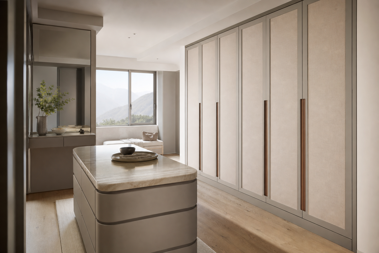 Fadior Lumiere Wardrobe Suite with Ribbed Pearl Dressing Lantern — interior room context showing cabinet integration