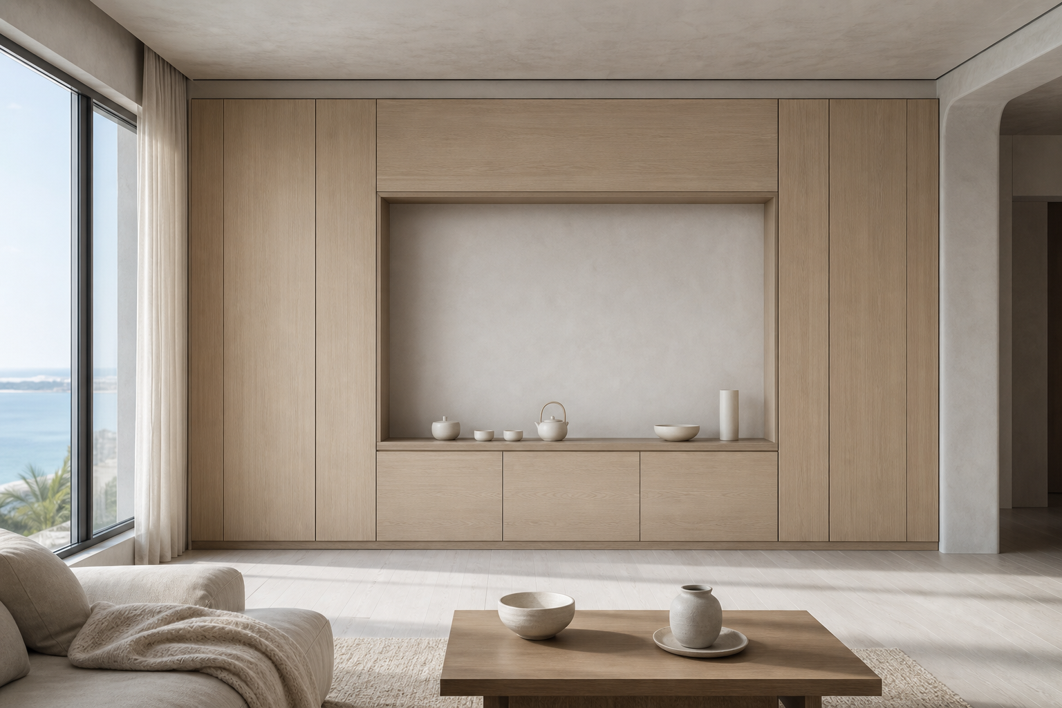 Fadior Silvan Living Room Suite with Recessed Tea Salon Wall — lifestyle setting with natural light and residential styling