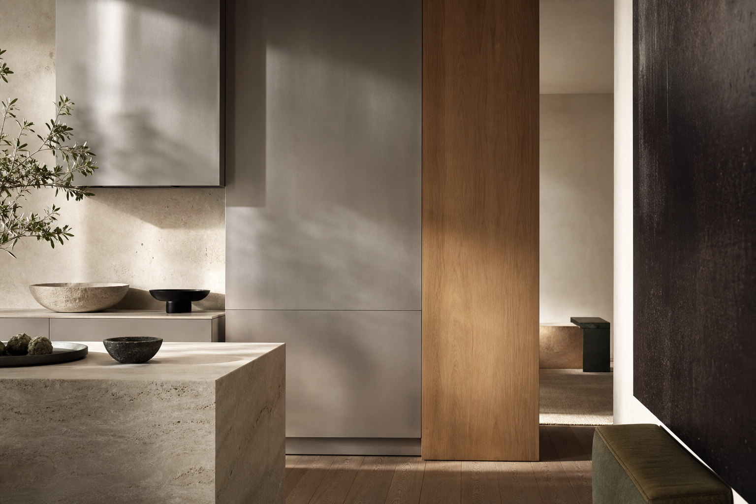 Fadior Material mood study: pale stone, warm oak-grain fronts,
