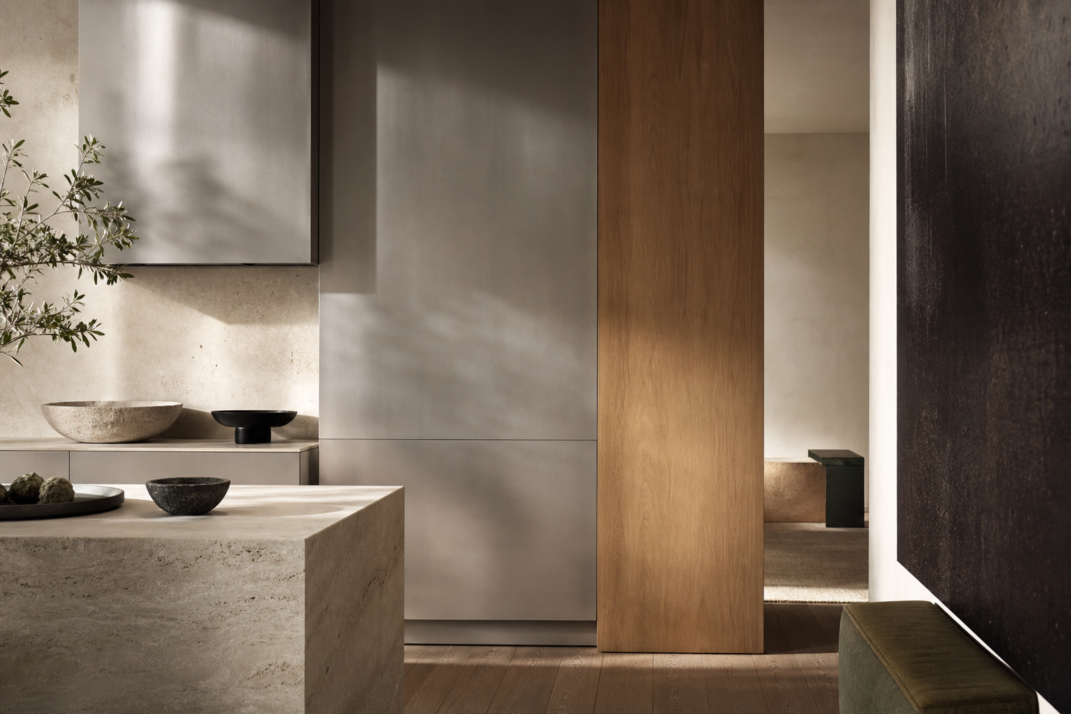 Material mood study: pale stone, warm oak-grain fronts, and smooth silver-toned cabinetry used to explain premium kitchen choices.