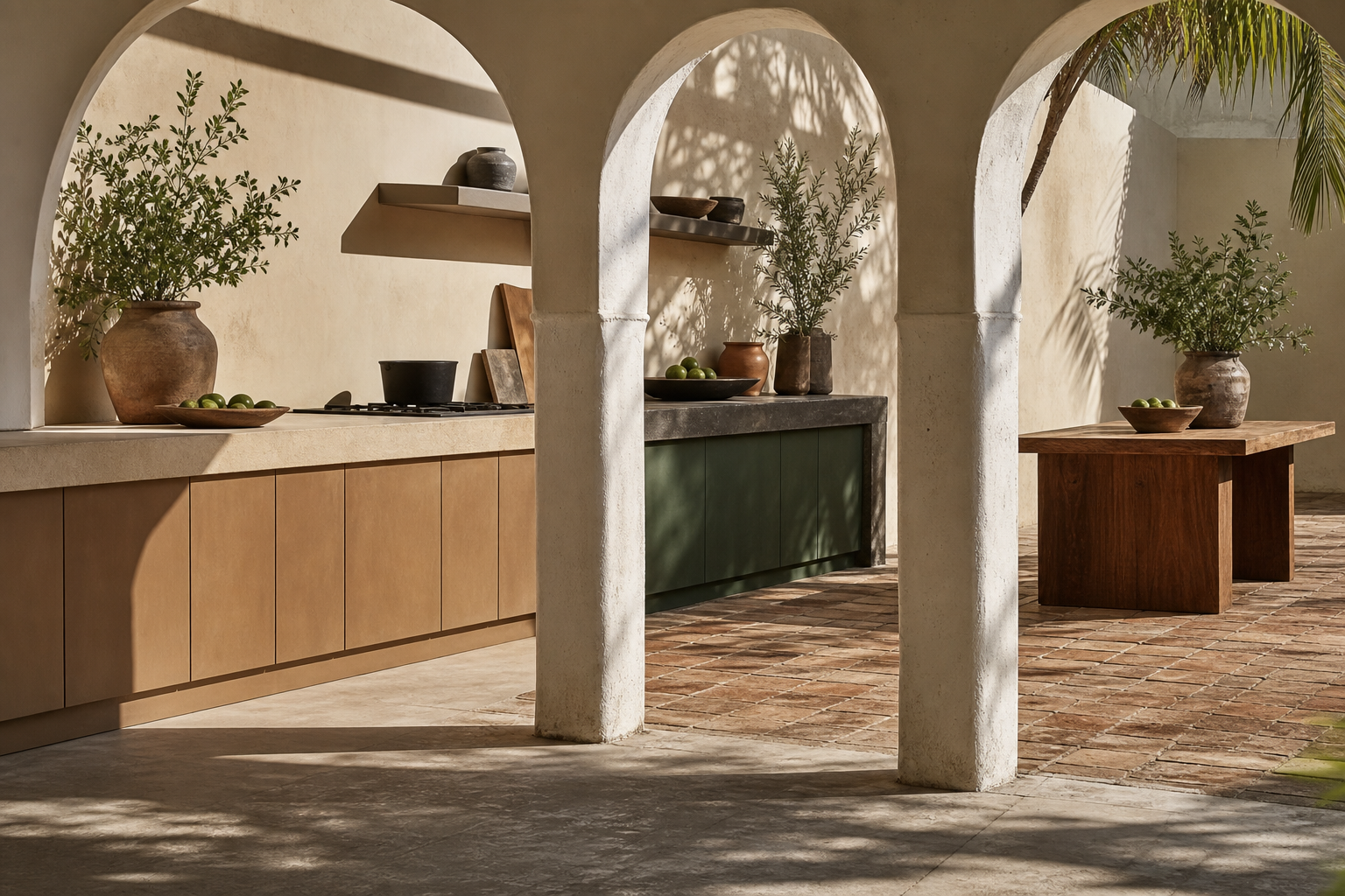 Kitchen decision comparison with pale counters, deep olive cabinetry, and warm hardwood table context.