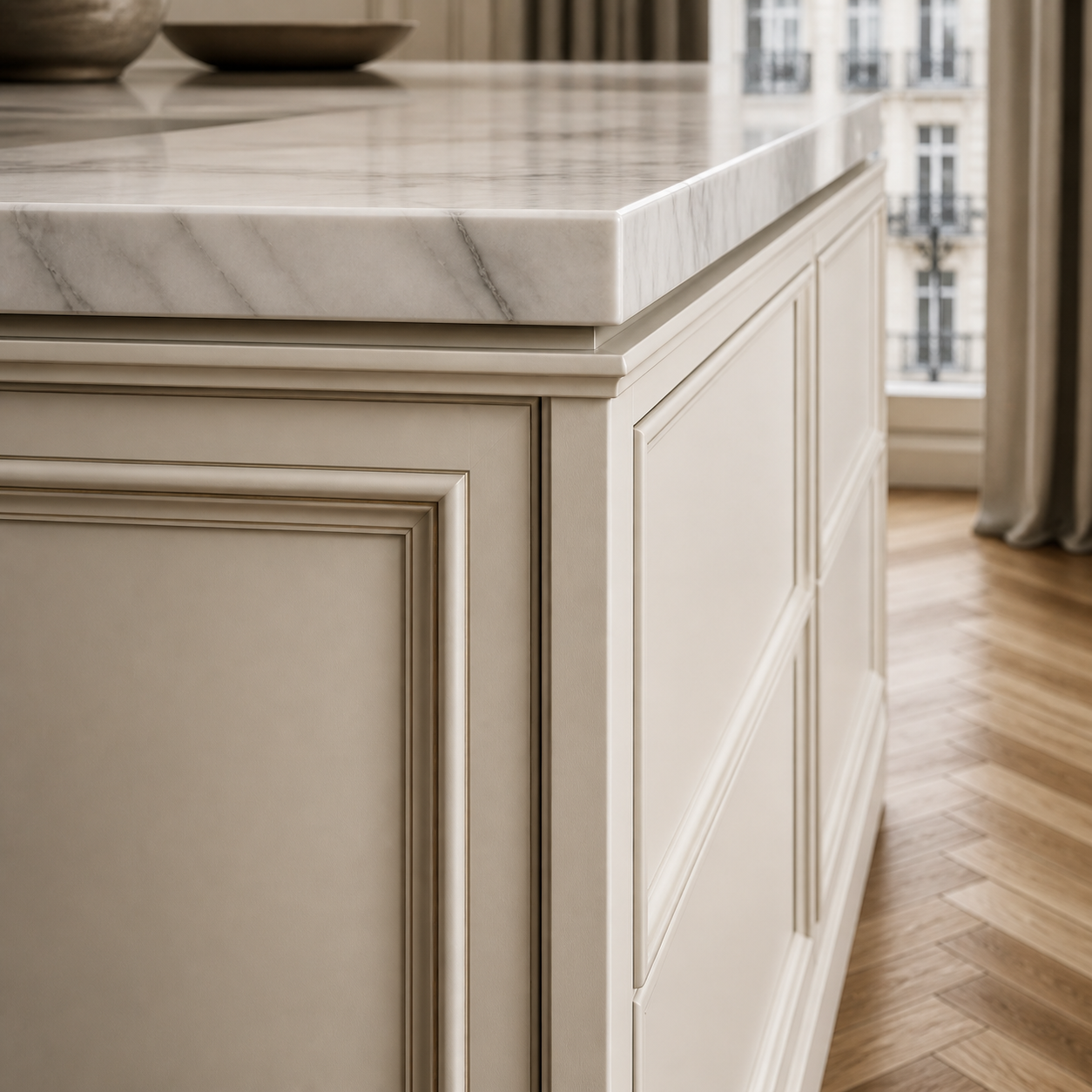 Fadior Meridian Cabinets Kitchen Suite with Courtyard Prep Spine — close-up of stainless steel finish and hardware detail