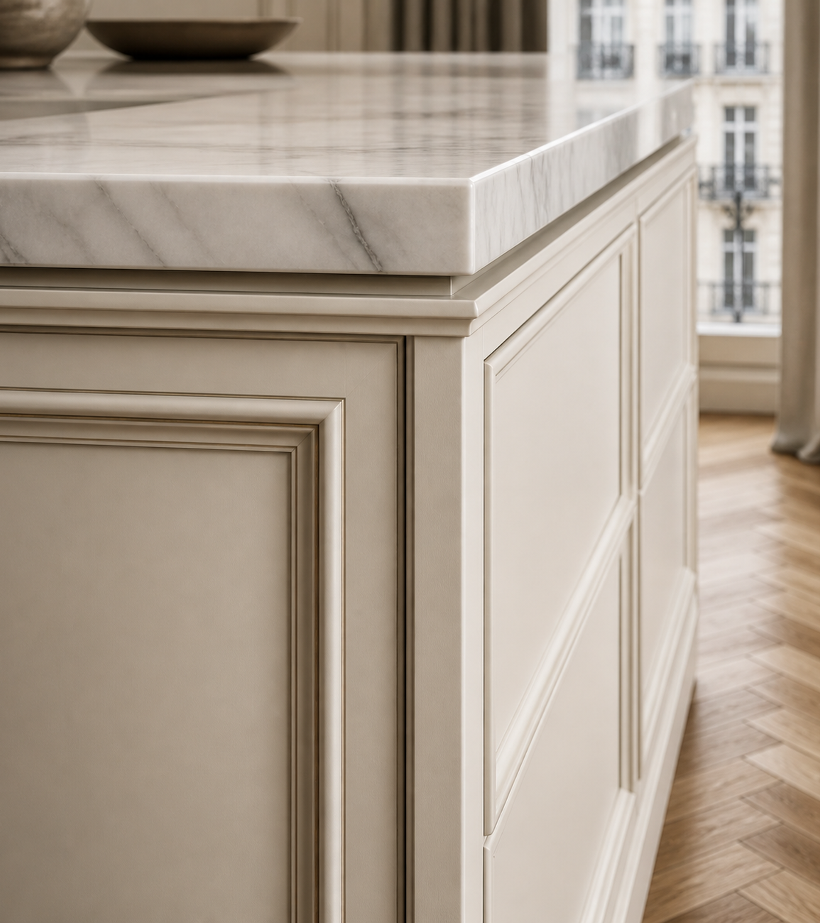 Fadior Meridian Cabinets Kitchen Suite with Courtyard Prep Spine — close-up of stainless steel finish and hardware detail