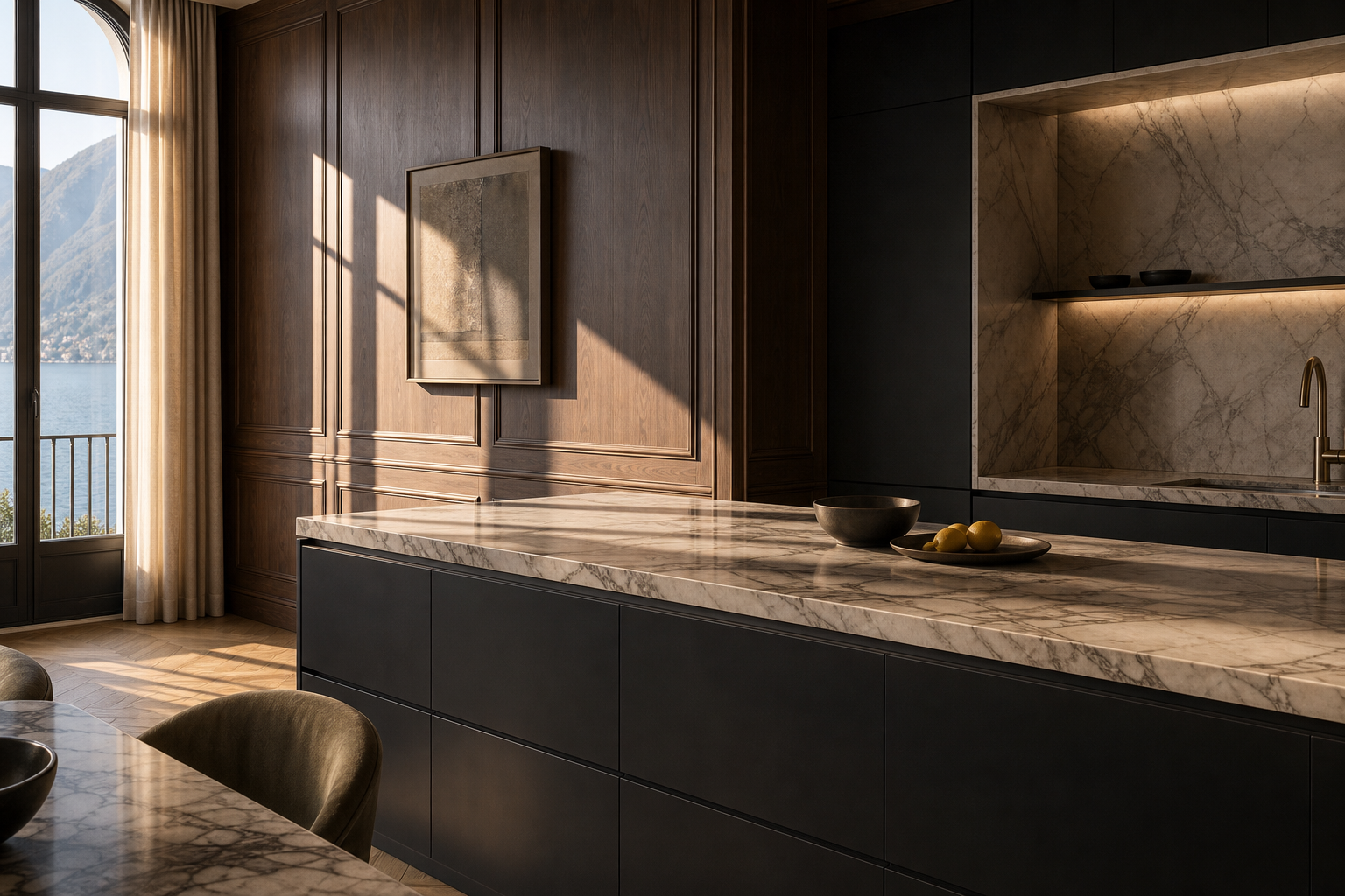 Fadior Como 280 sqm Kitchen Villa — Como material study with marble counter, satin dark cabinet face, walnut wall panel,