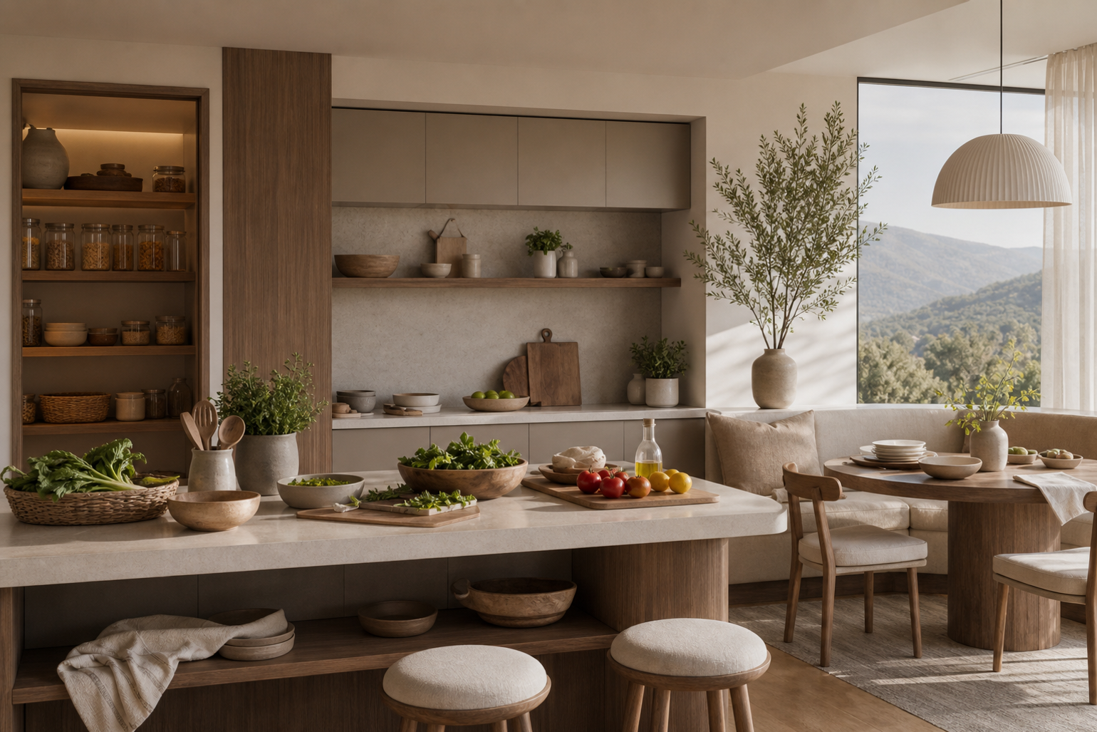 Decision comparison scene: recipe prep zone and pantry scheduling zone in one calm kitchen.
