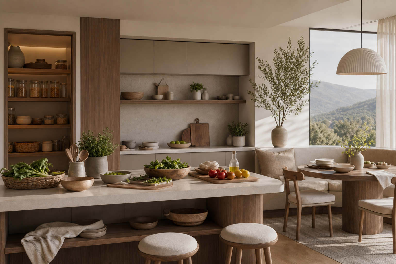Decision comparison scene: recipe prep zone and pantry scheduling zone in one calm kitchen.