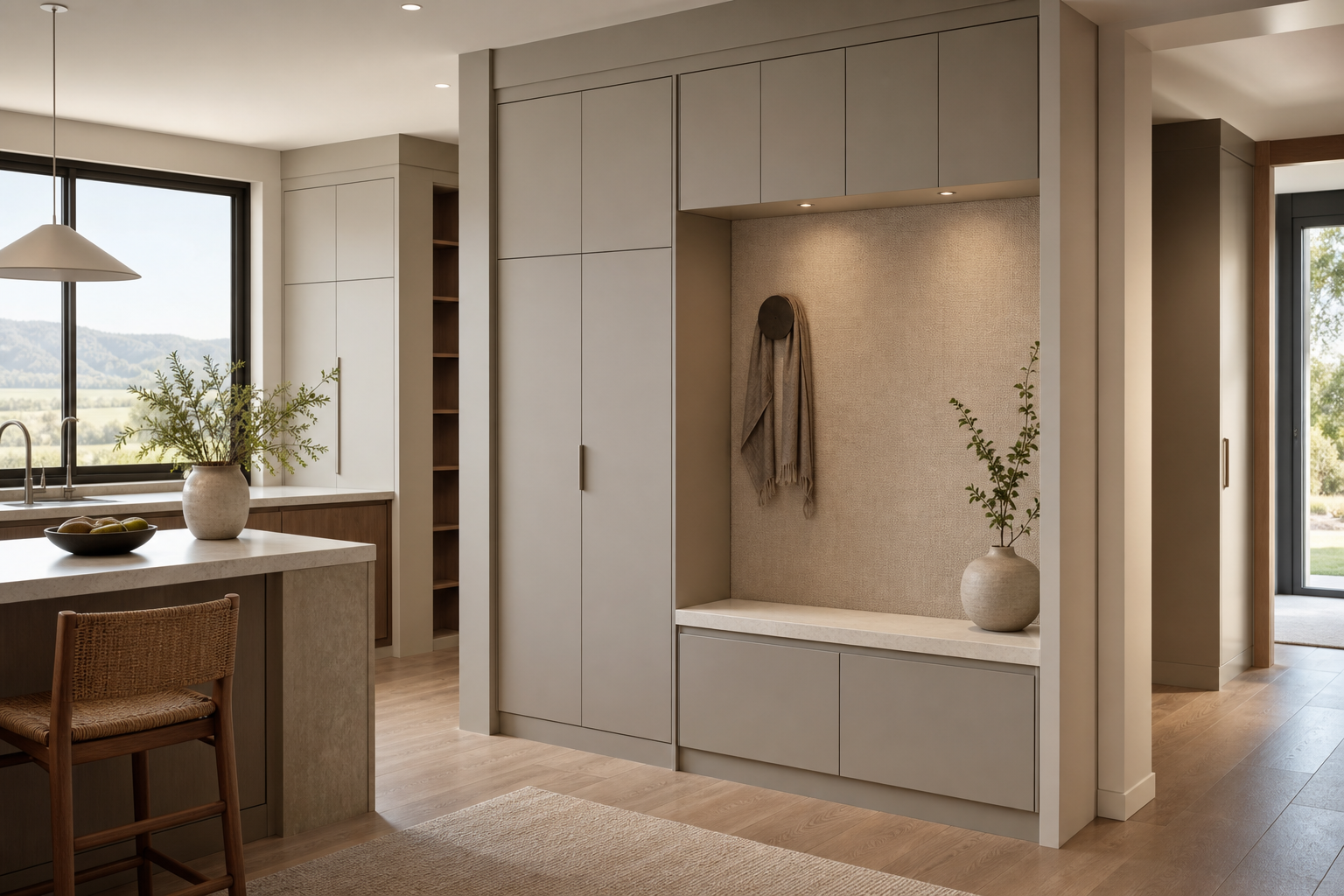 Fadior Loggia Entryway Suite with Silent Appliance Drop Zone — interior room context showing cabinet integration