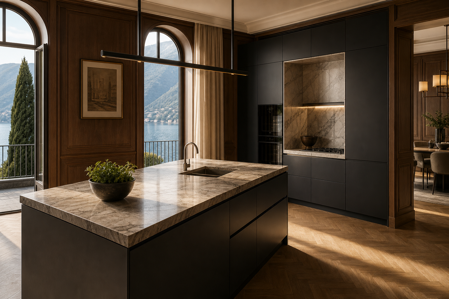 Fadior Como 280 sqm Kitchen Villa — Como kitchen workspace with marble island, sink line, herb bowl, lake window,