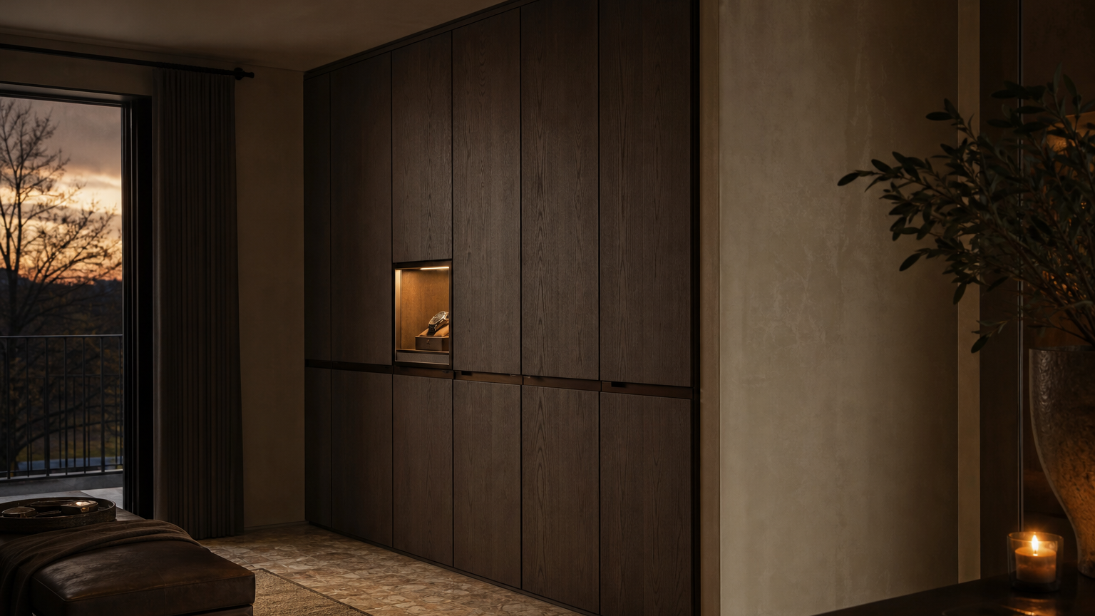 Fadior Voyage Wardrobe Suite with Recessed Watch Niche Wall — lifestyle setting with natural light and residential styling