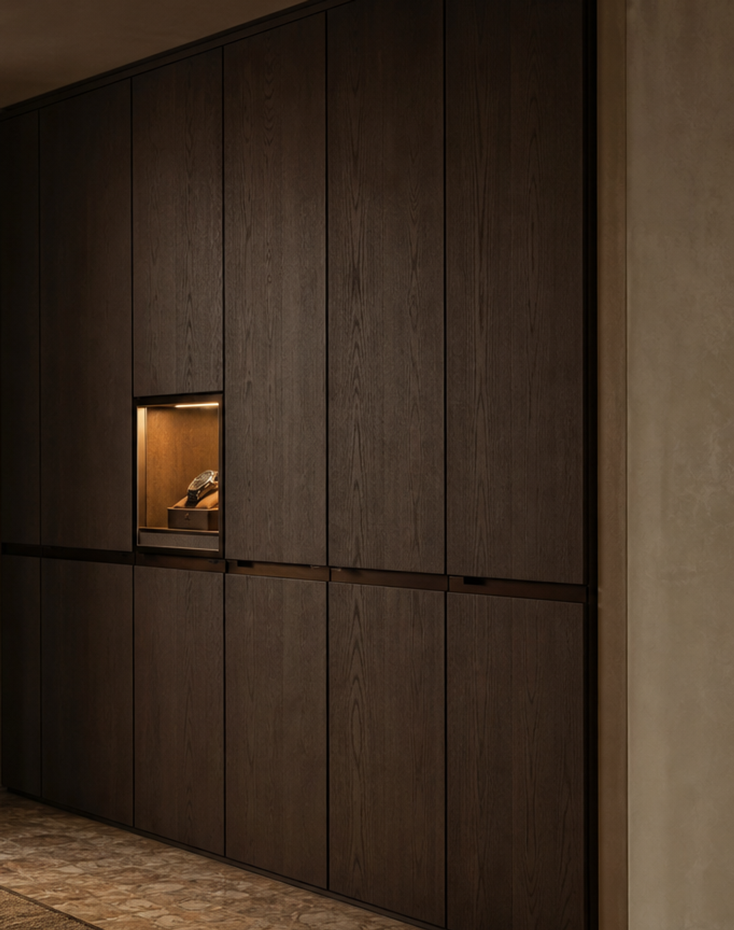 Fadior Voyage Wardrobe Suite with Recessed Watch Niche Wall — lifestyle setting with natural light and residential styling